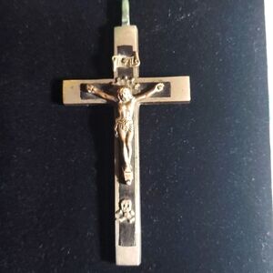 Antique Crucifix Cross Germany Skull Crossbones Metal Ebony Wood Inlay Pendant